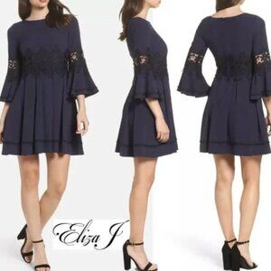 Eliza J Womens Dress Size 8 Floral Lace Accent Dark Blue Bell Sleeve